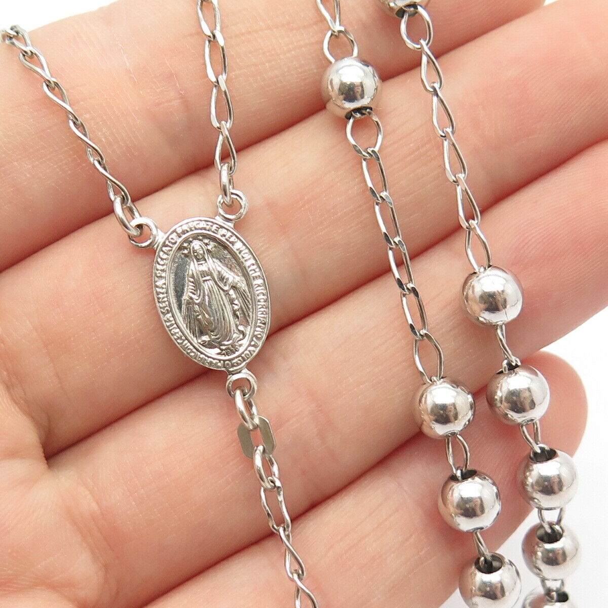 925 Sterling Silver Vintage C Z Cross & St. Mary Pendant Ball Chain Necklace 27"