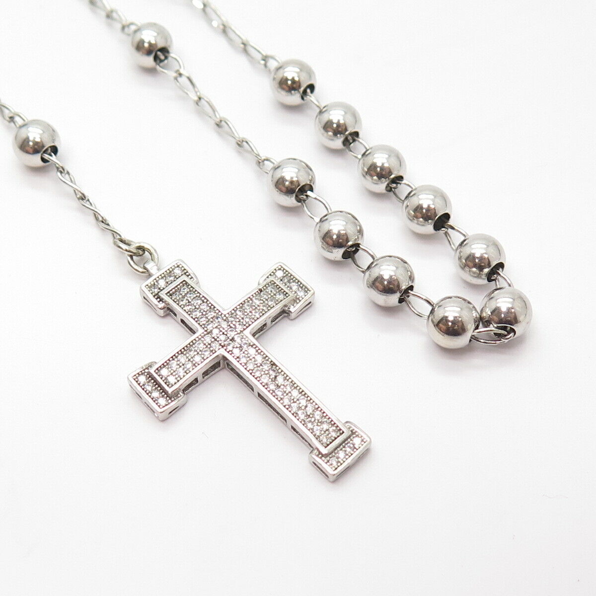 925 Sterling Silver Vintage C Z Cross & St. Mary Pendant Ball Chain Necklace 27"