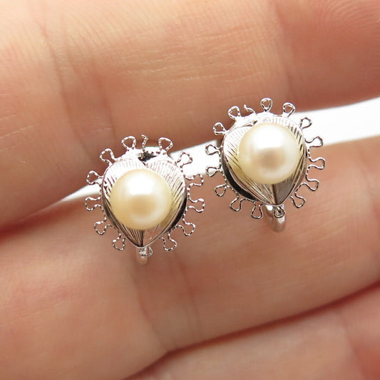 925 Sterling Silver Vintage Real Pearl Screw Back Earrings