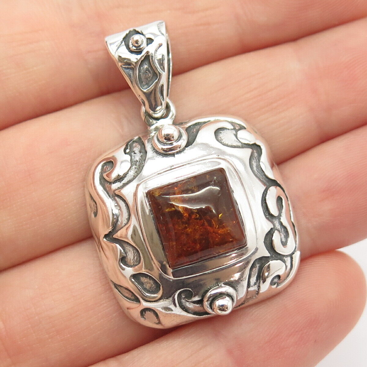 925 Sterling Silver Vintage Real Amber Ornate Pendant