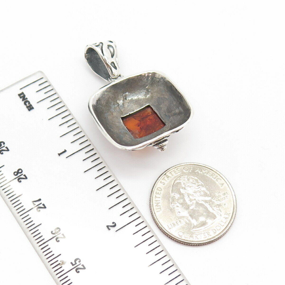 925 Sterling Silver Vintage Real Amber Ornate Pendant