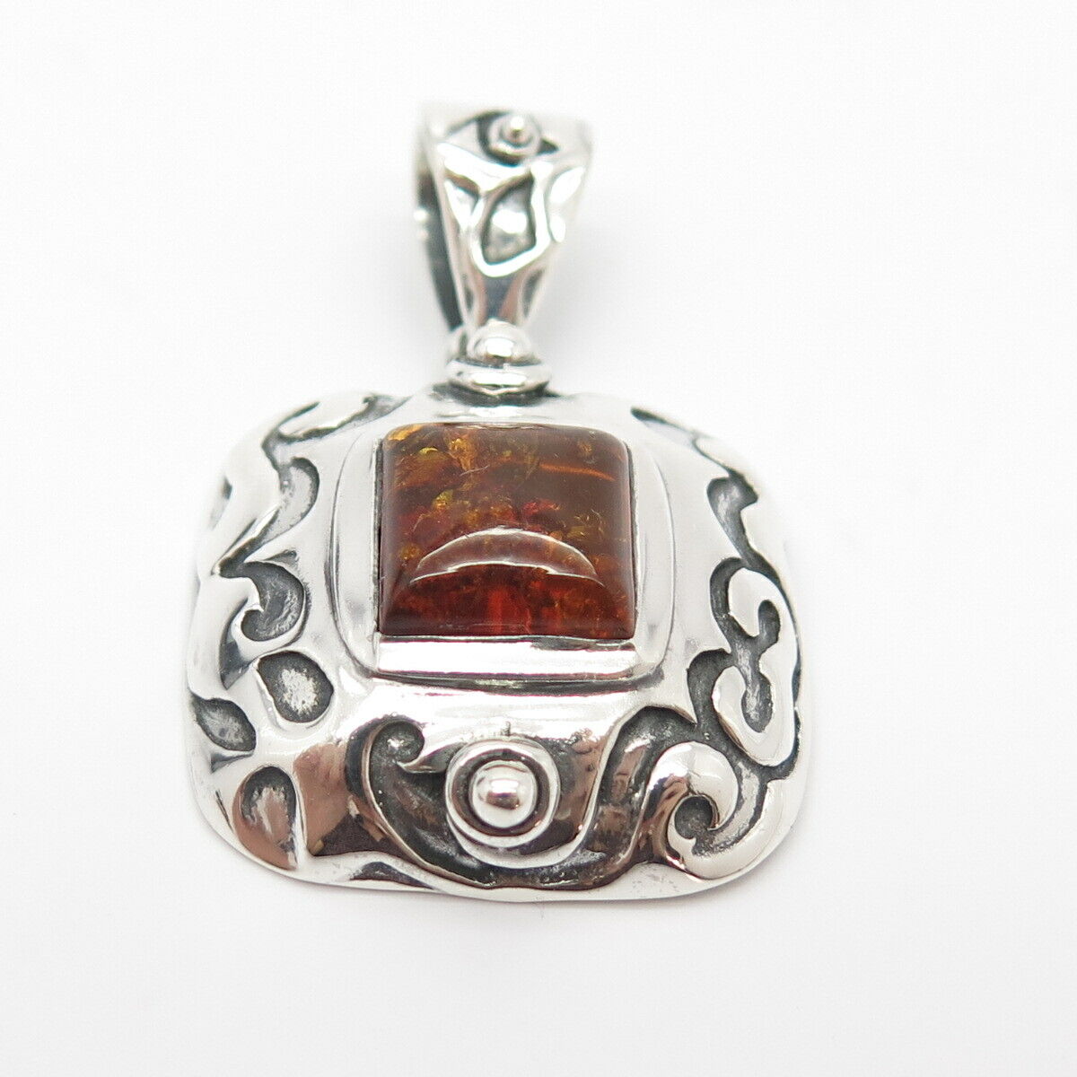 925 Sterling Silver Vintage Real Amber Ornate Pendant