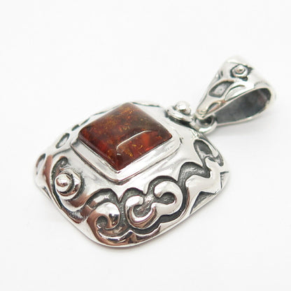 925 Sterling Silver Vintage Real Amber Ornate Pendant