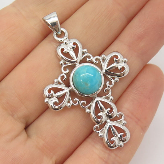 925 Sterling Silver Vintage Real Turqouise Gemstone Cross Pendant