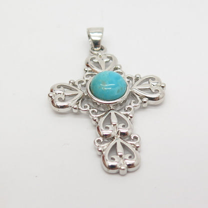 925 Sterling Silver Vintage Real Turqouise Gemstone Cross Pendant