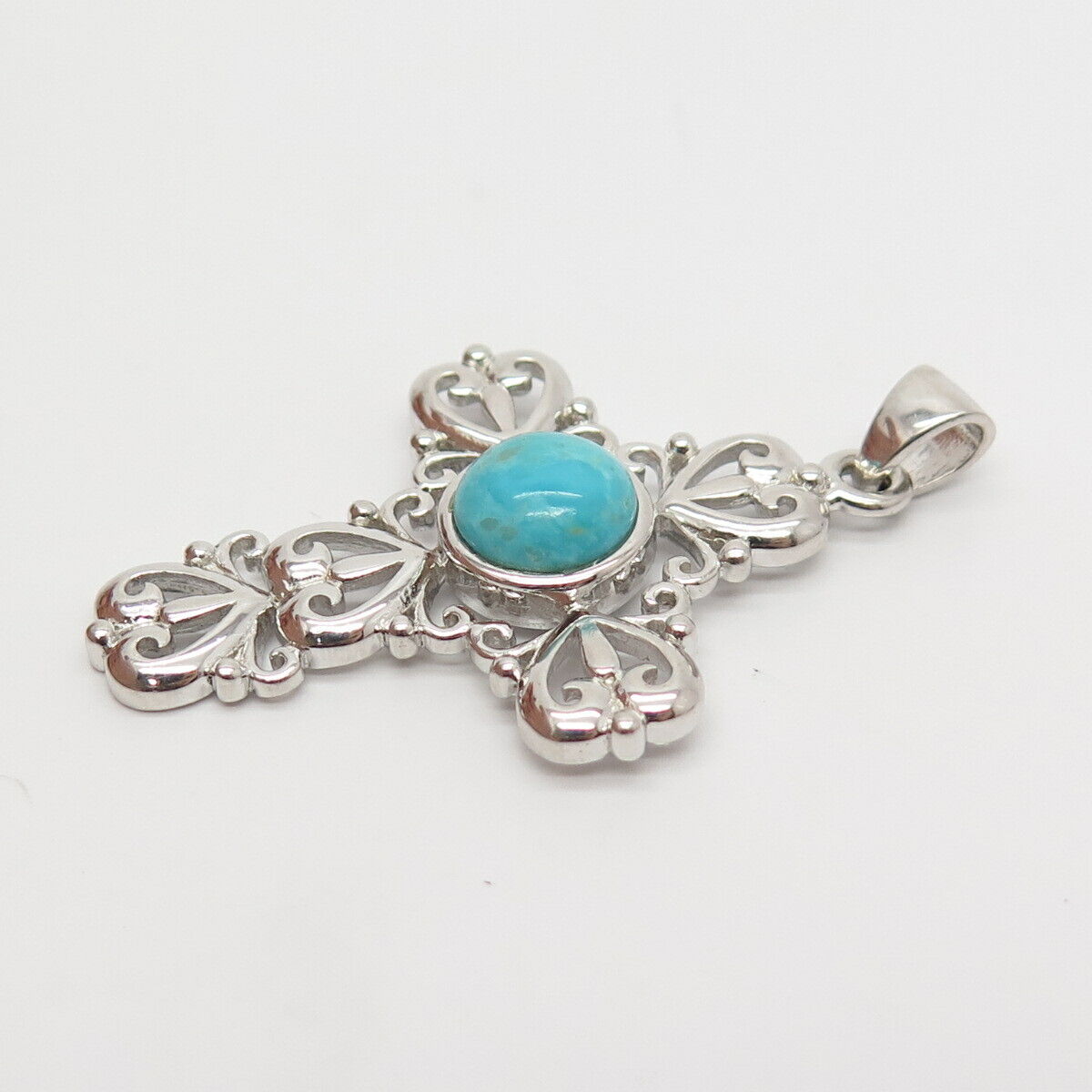 925 Sterling Silver Vintage Real Turqouise Gemstone Cross Pendant