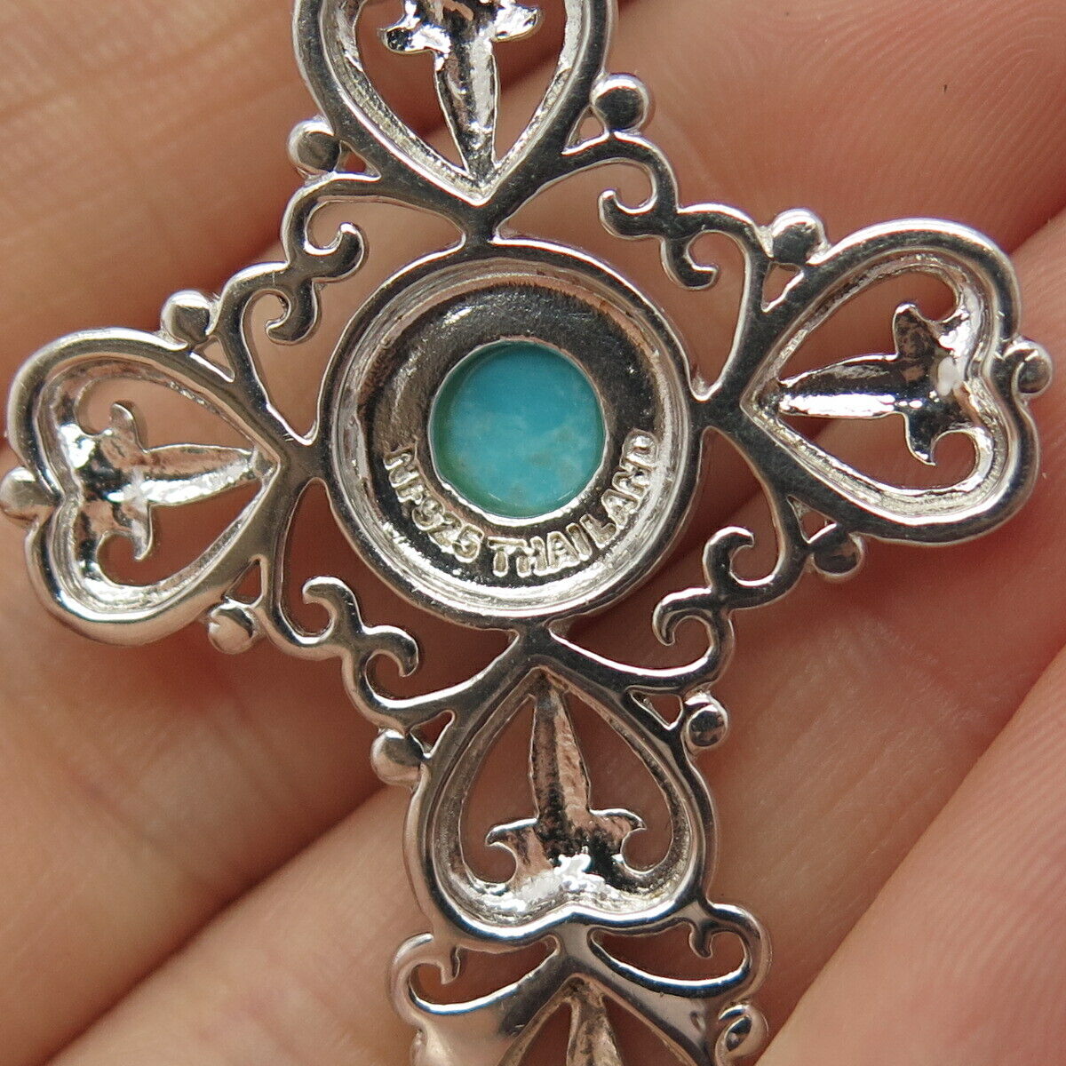 925 Sterling Silver Vintage Real Turqouise Gemstone Cross Pendant