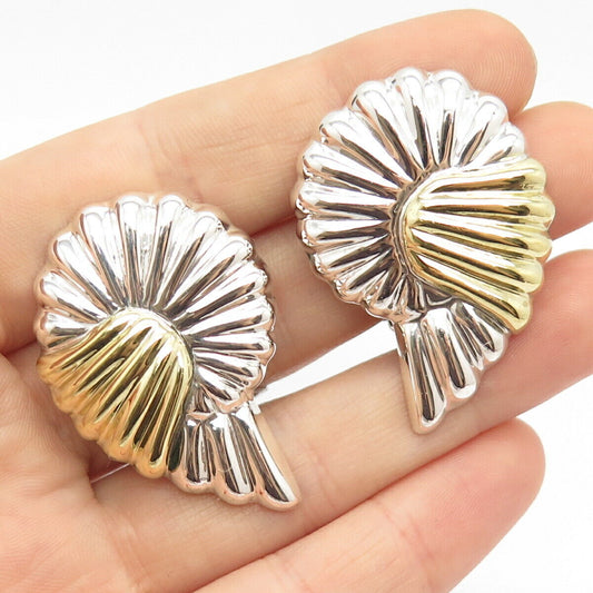 925 Sterling Silver 2-Tone Vintage Mexico Shell Clip On Earrings