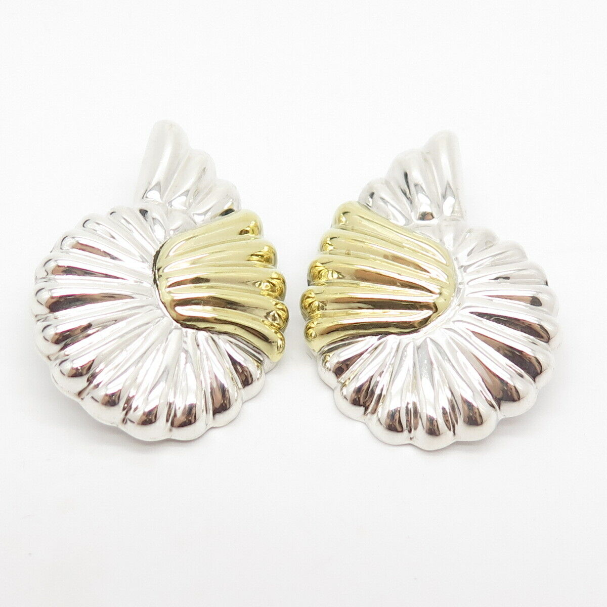 925 Sterling Silver 2-Tone Vintage Mexico Shell Clip On Earrings