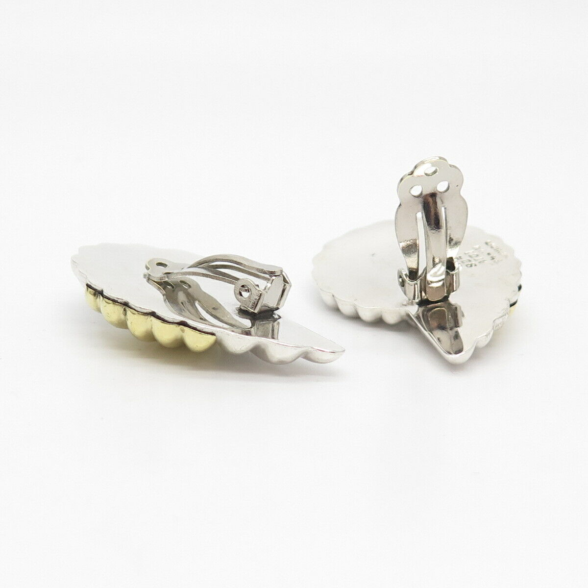 925 Sterling Silver 2-Tone Vintage Mexico Shell Clip On Earrings