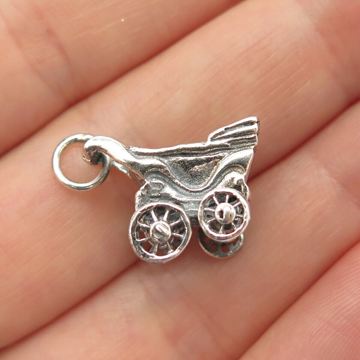 925 Sterling Silver Vintage Pram Movable Charm Pendant