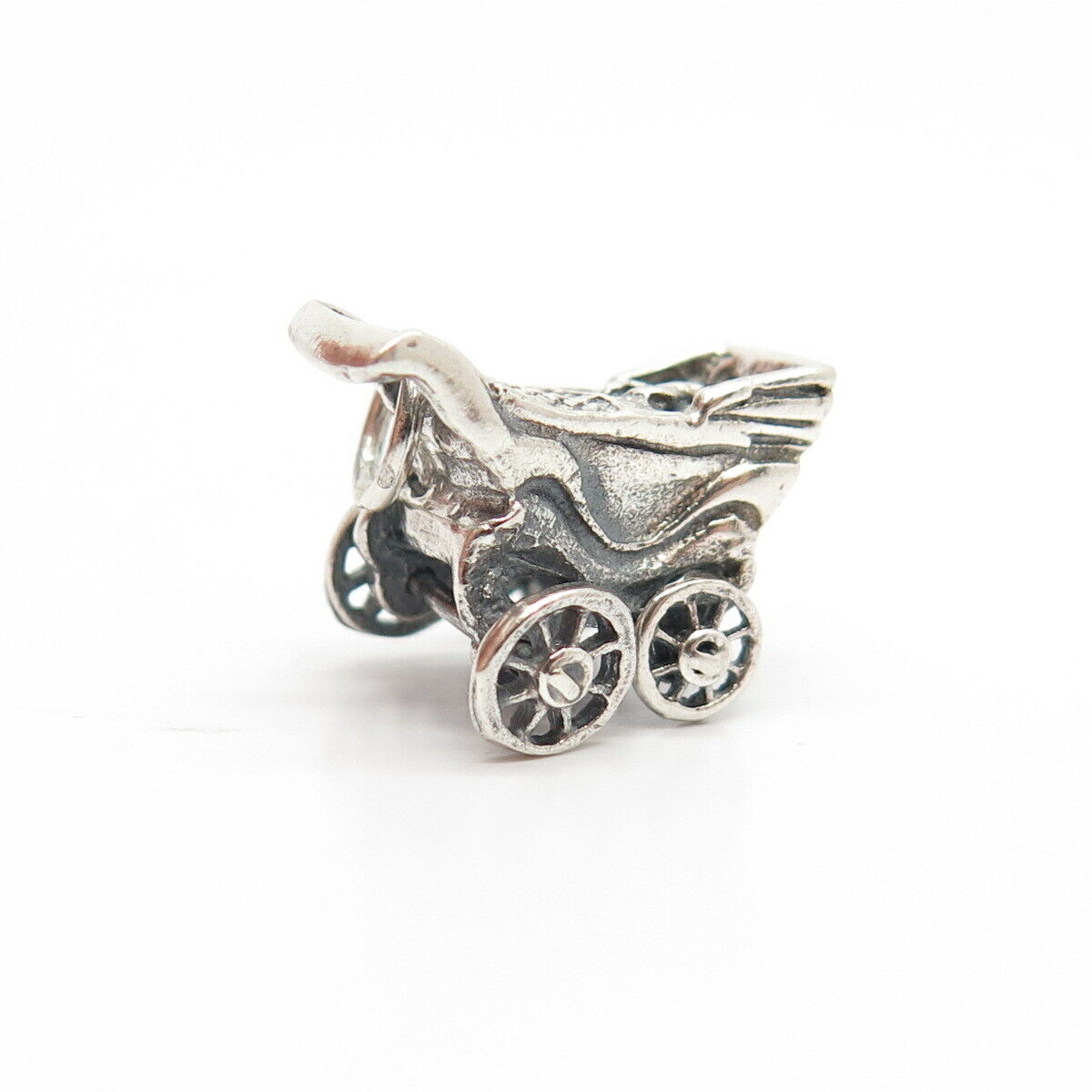 925 Sterling Silver Vintage Pram Movable Charm Pendant