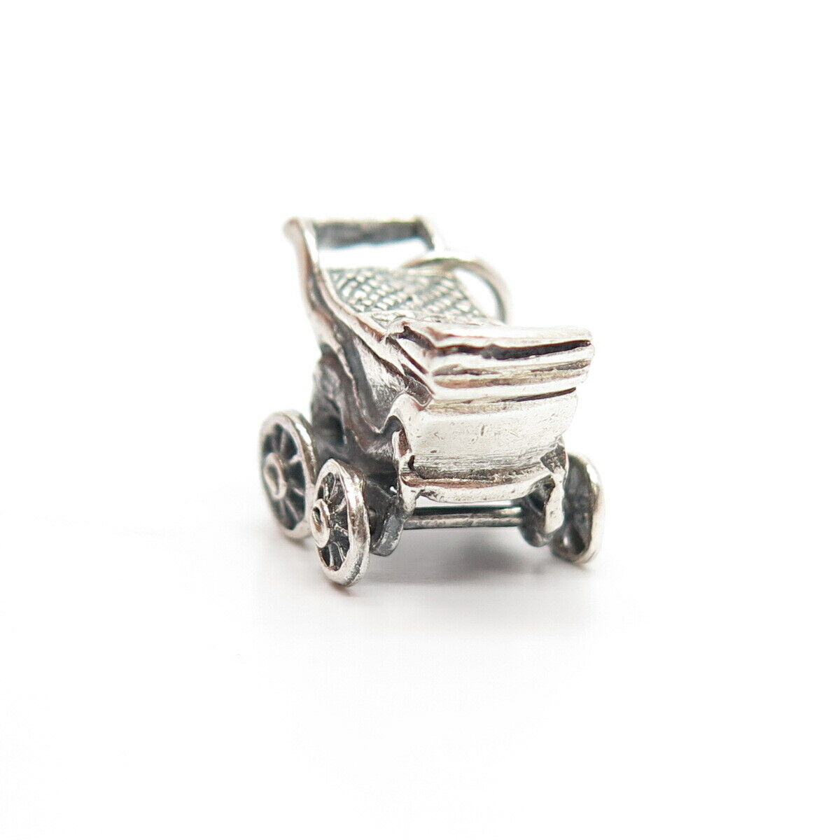 925 Sterling Silver Vintage Pram Movable Charm Pendant