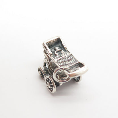 925 Sterling Silver Vintage Pram Movable Charm Pendant