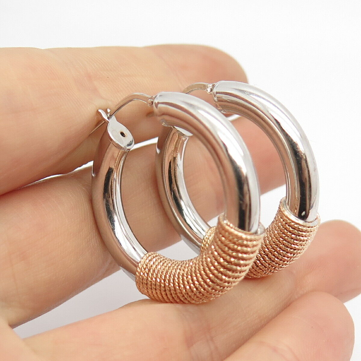 925 Sterling Silver 2-Tone Twisted Hoop Earrings