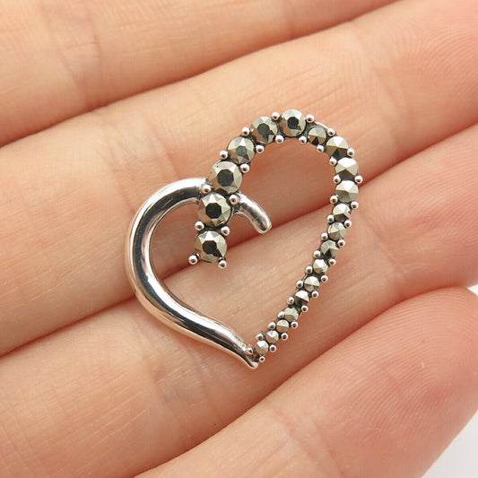 925 Sterling Silver Vintage Real Marcasite Gemstone Open Heart Slide Pendant