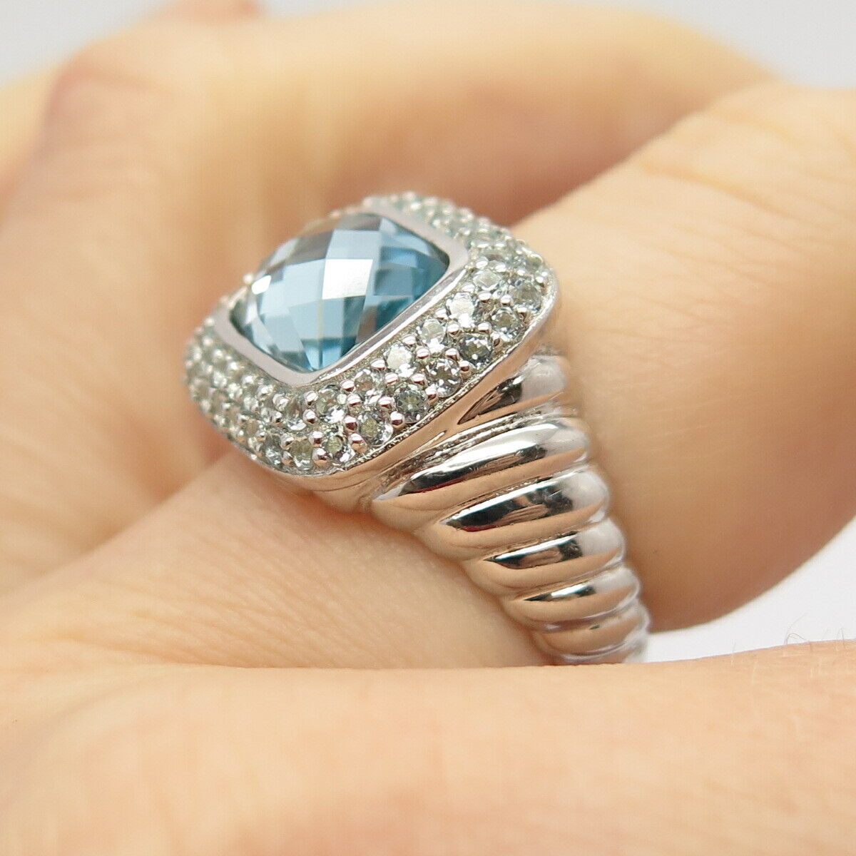 925 Sterling Silver Real Light Blue Topaz Gemstone Ring Size 7 1/4