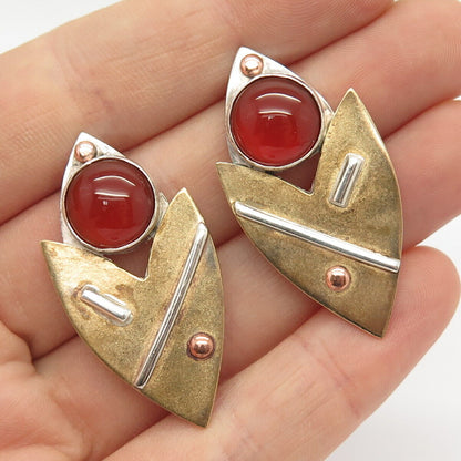 925 Sterling Silver 3-Tone Vintage Real Carnelian Gemstone Modernist Earrings