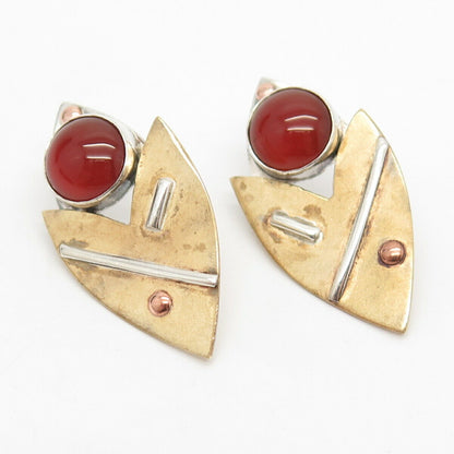 925 Sterling Silver 3-Tone Vintage Real Carnelian Gemstone Modernist Earrings