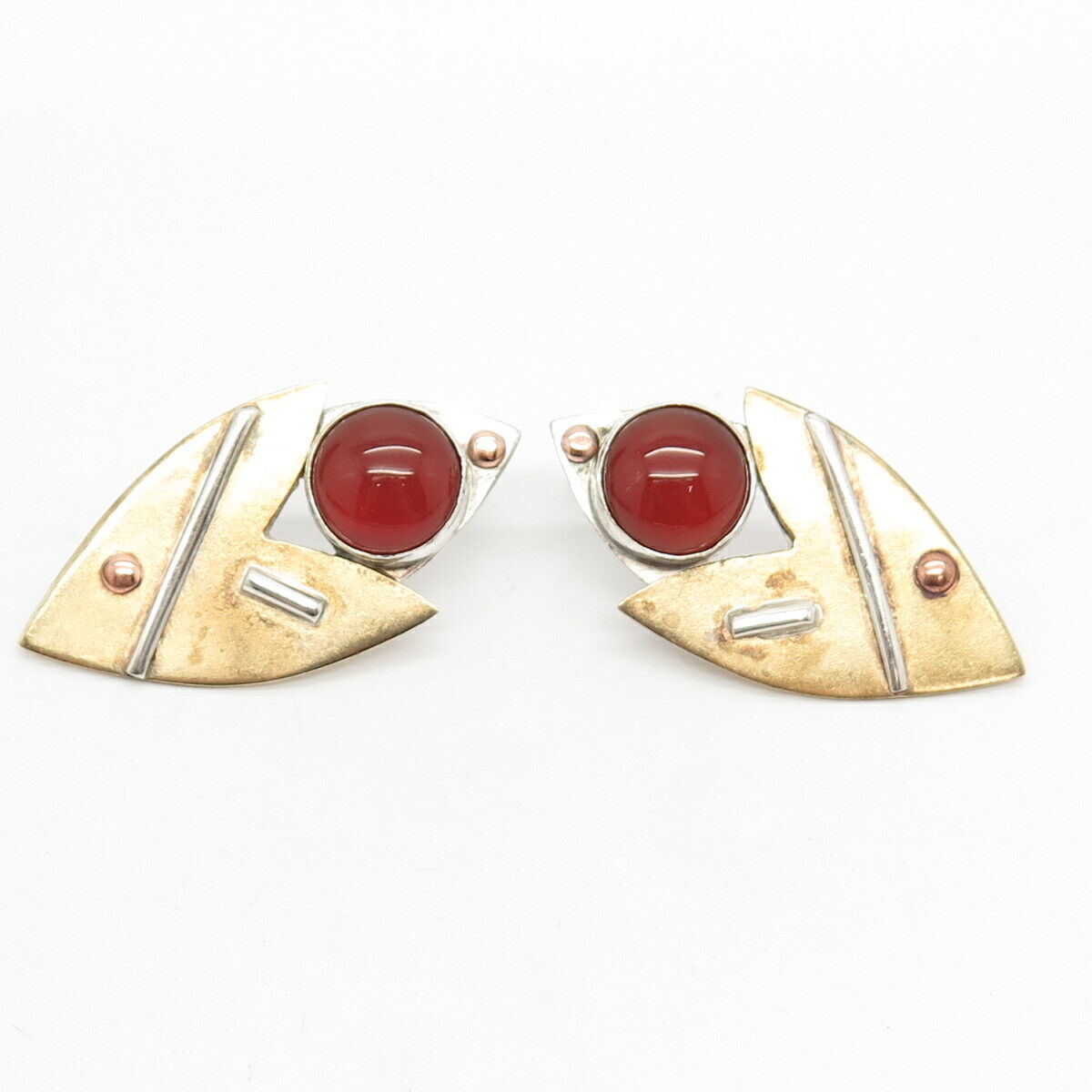 925 Sterling Silver 3-Tone Vintage Real Carnelian Gemstone Modernist Earrings