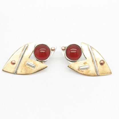 925 Sterling Silver 3-Tone Vintage Real Carnelian Gemstone Modernist Earrings