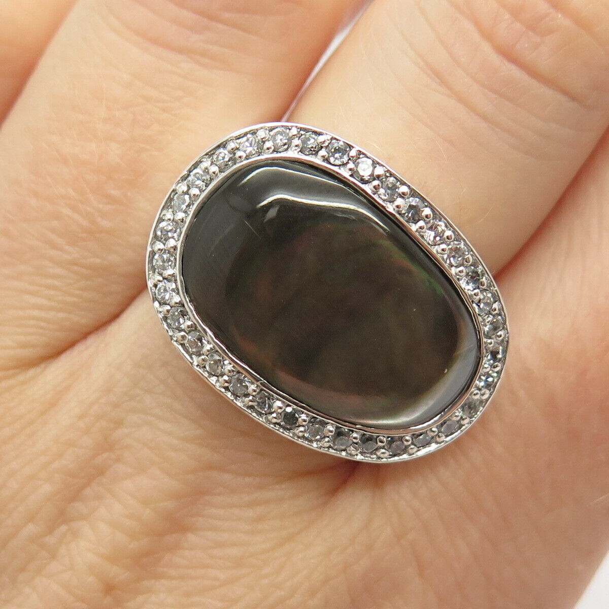 925 Sterling Silver Real Abalone Shell & C Z Ring Size 7