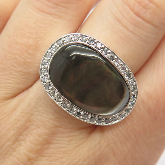 925 Sterling Silver Real Abalone Shell & C Z Ring Size 7