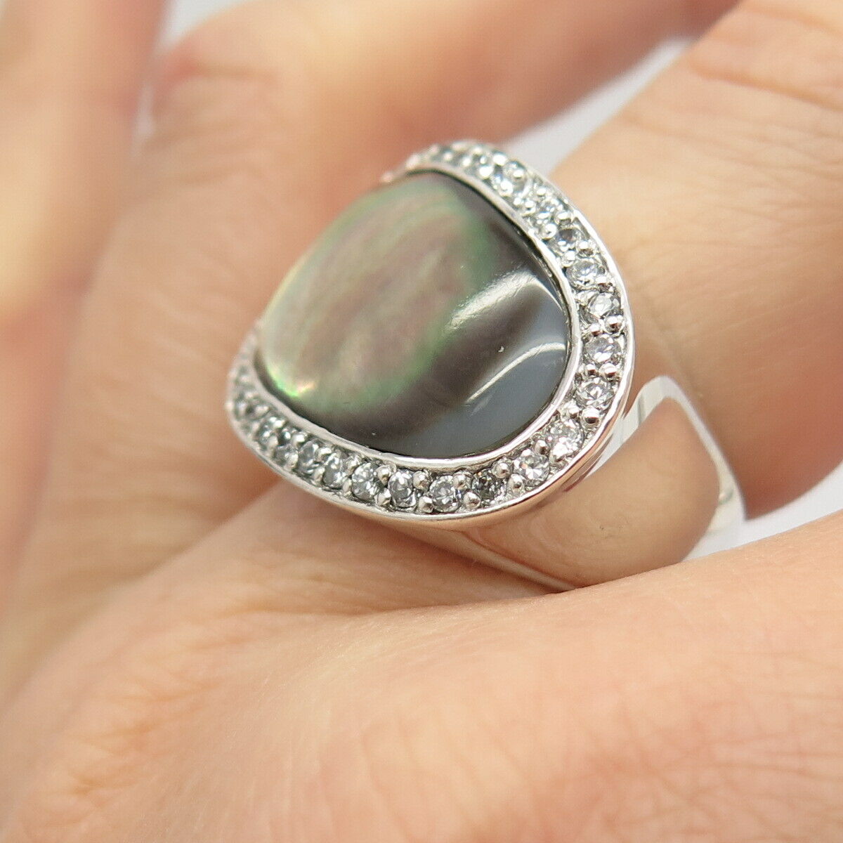 925 Sterling Silver Real Abalone Shell & C Z Ring Size 7