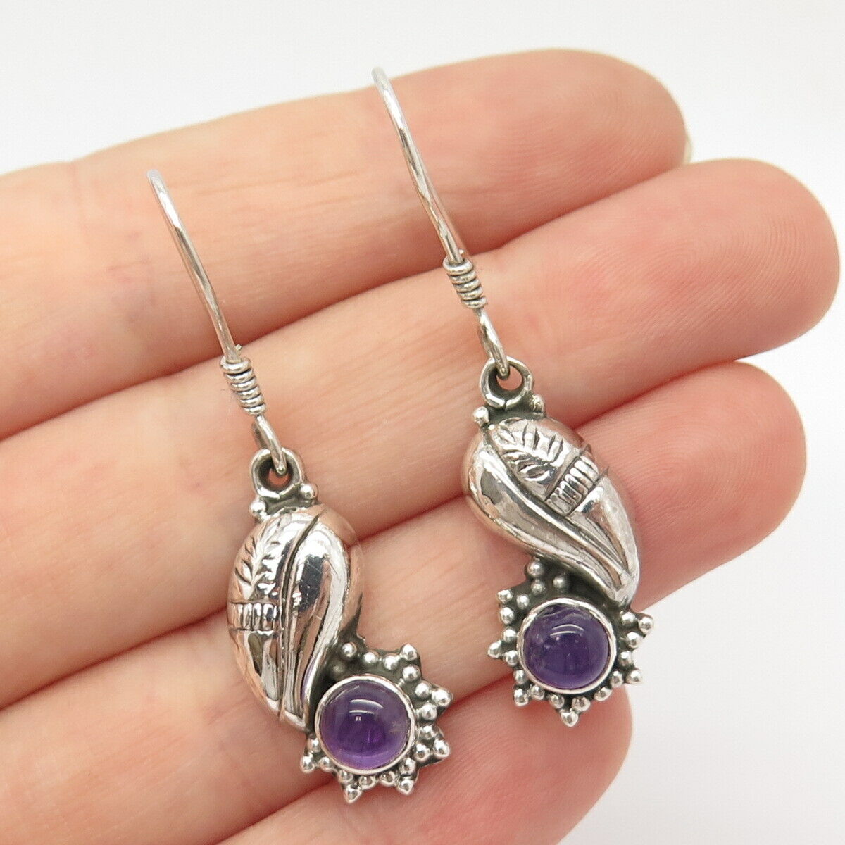 925 Sterling Silver Vintage Real Amethyst Gem Dangling Earrings