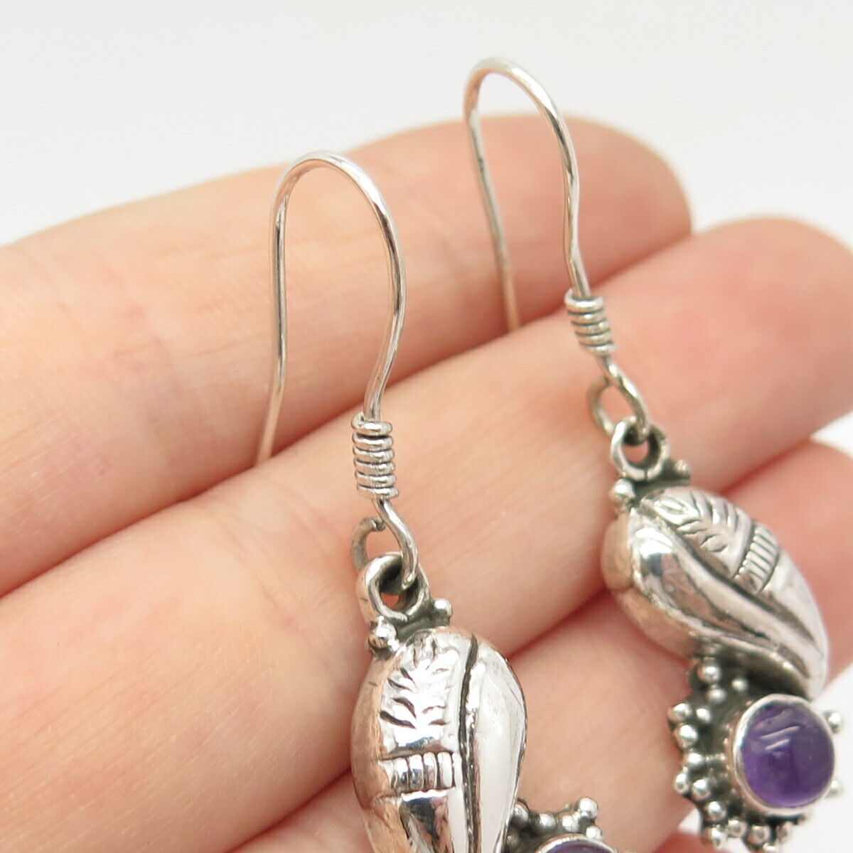 925 Sterling Silver Vintage Real Amethyst Gem Dangling Earrings