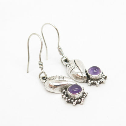 925 Sterling Silver Vintage Real Amethyst Gem Dangling Earrings