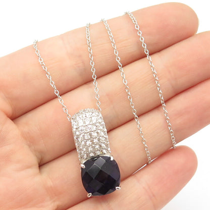 925 Sterling Silver Amethyst & White Topaz Gem Pendant Cable Chain Necklace 18"