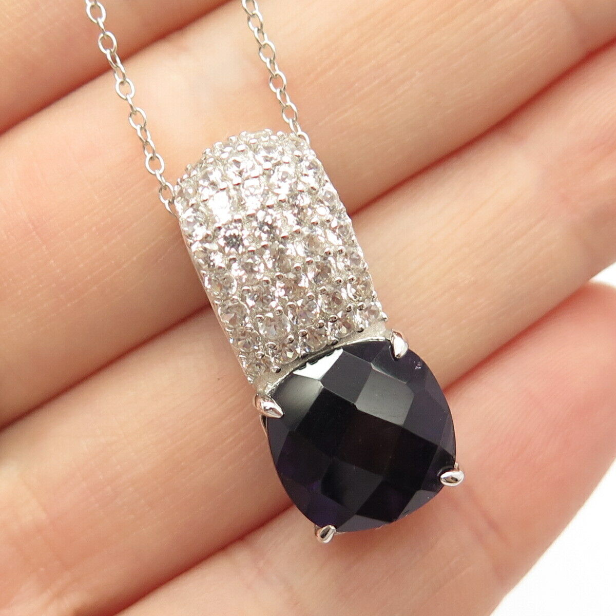 925 Sterling Silver Amethyst & White Topaz Gem Pendant Cable Chain Necklace 18"