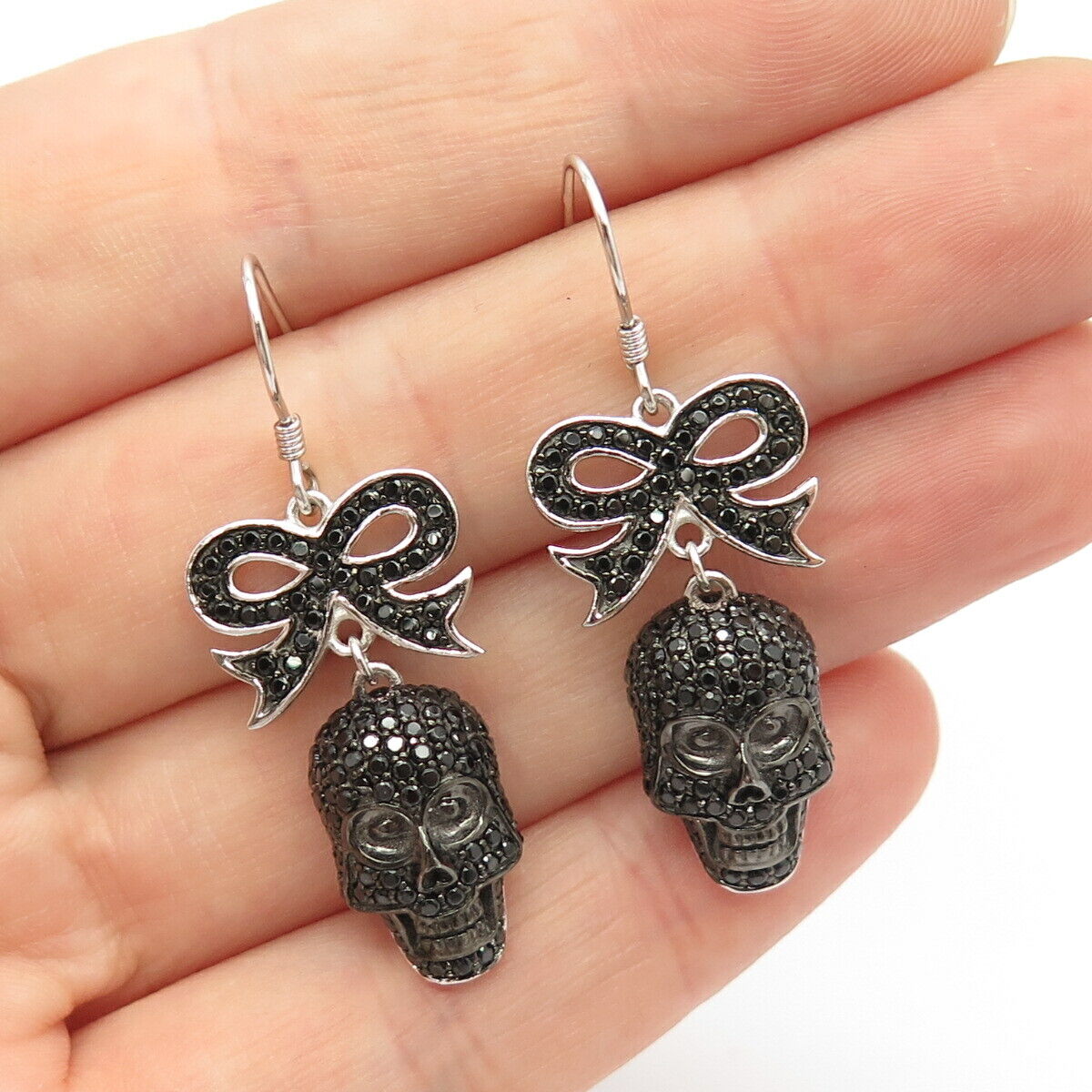 925 Sterling Silver Real Melanite Gem Skull & Bow Tie Dangling Earrings