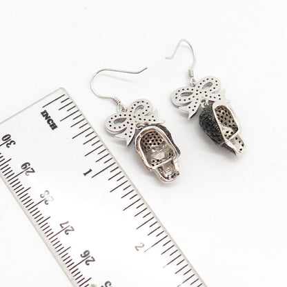 925 Sterling Silver Real Melanite Gem Skull & Bow Tie Dangling Earrings