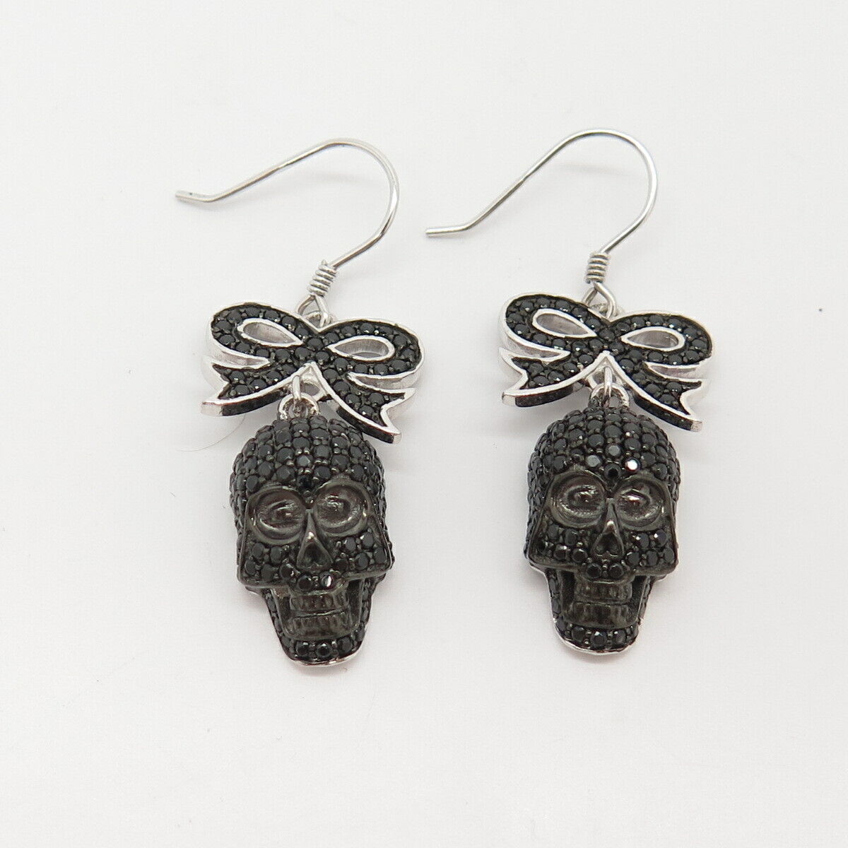 925 Sterling Silver Real Melanite Gem Skull & Bow Tie Dangling Earrings