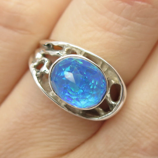 925 Sterling Silver Doublet Black Opal Gem Ring