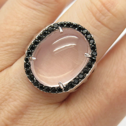 925 Sterling Silver Real Rose Quartz & Melanite Gem Ring