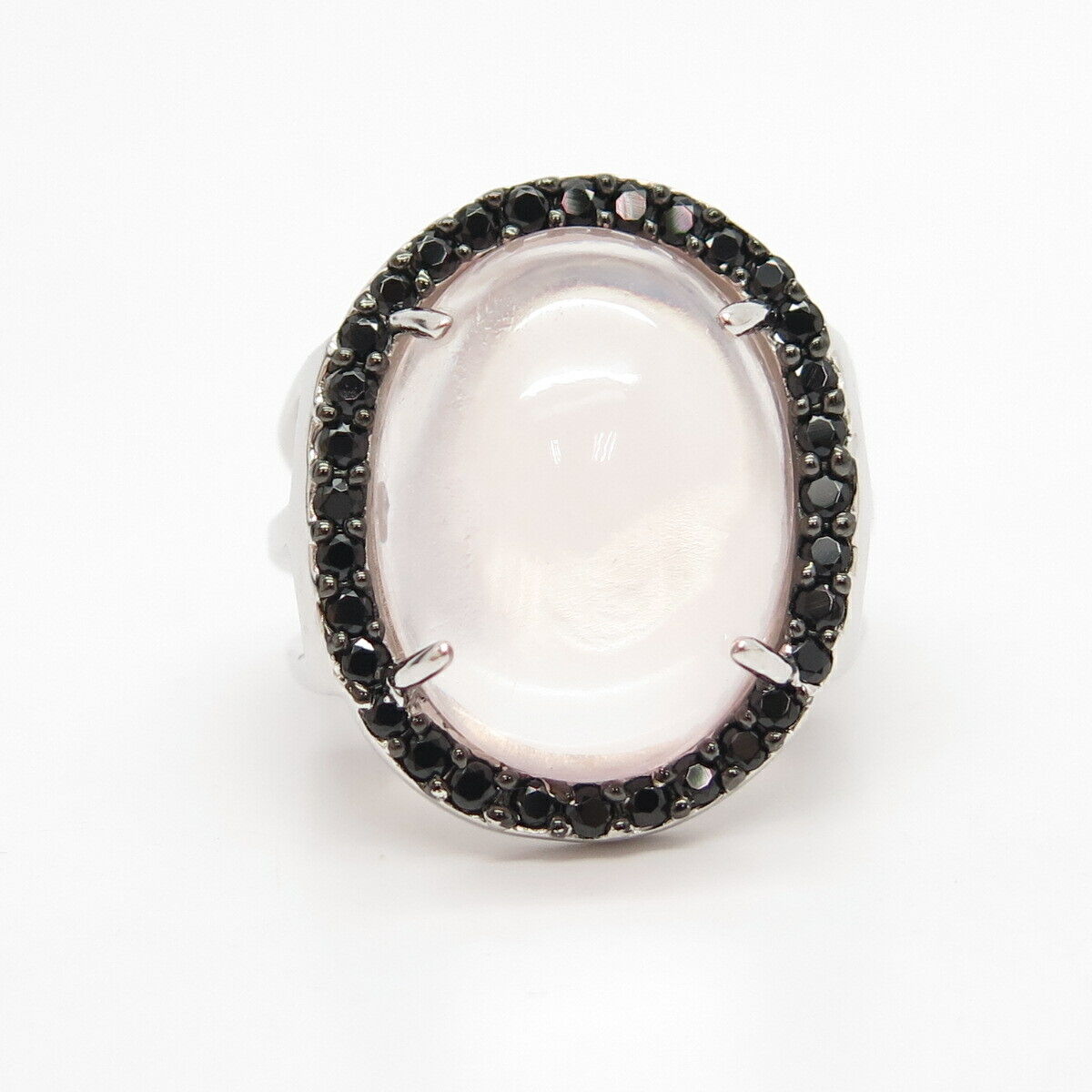 925 Sterling Silver Real Rose Quartz & Melanite Gem Ring