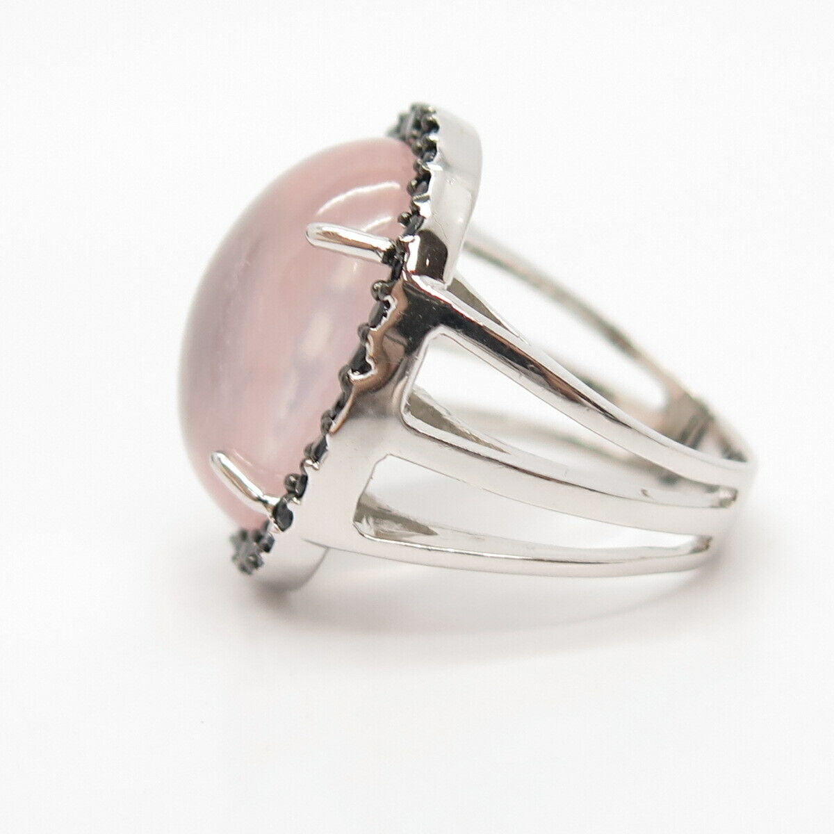 925 Sterling Silver Real Rose Quartz & Melanite Gem Ring