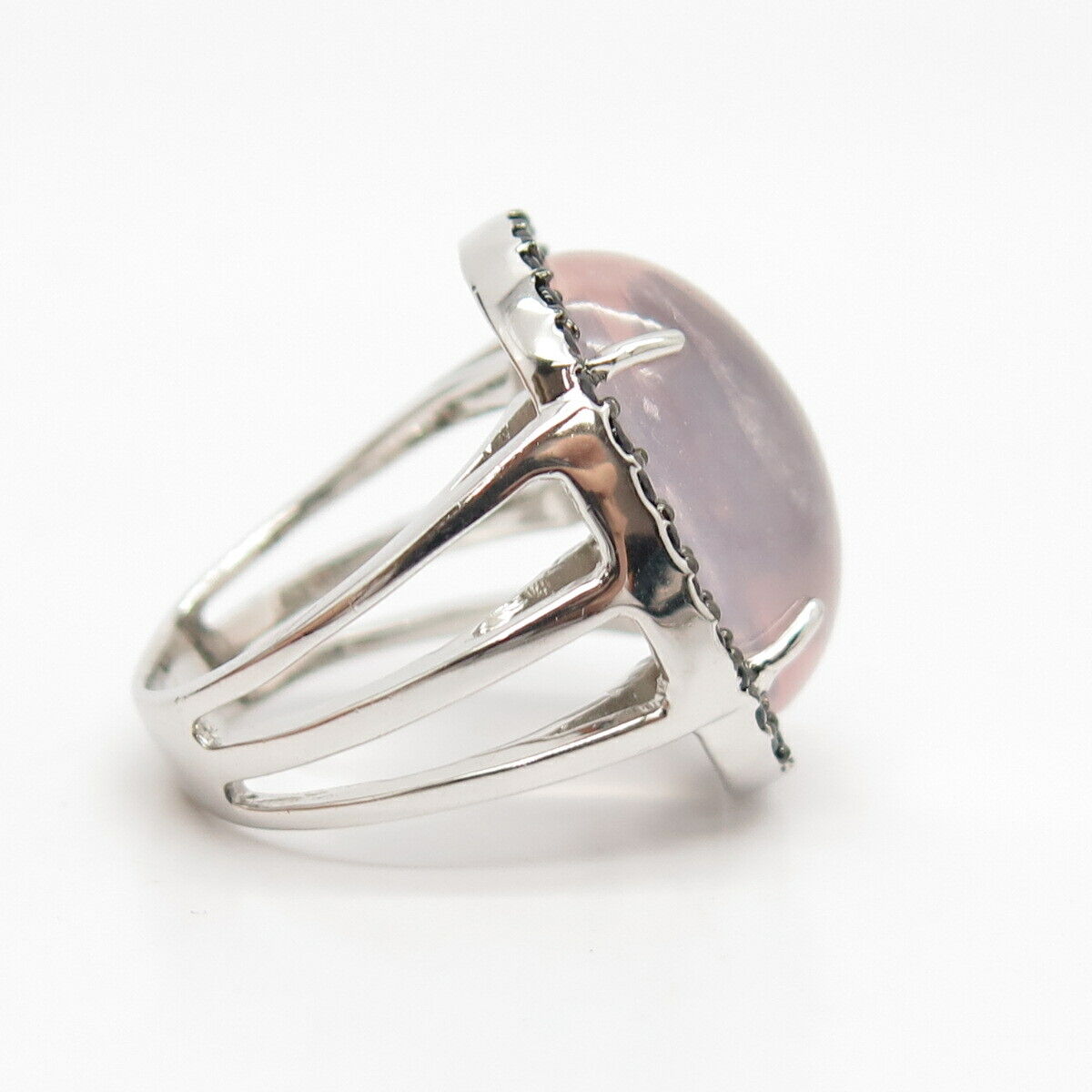 925 Sterling Silver Real Rose Quartz & Melanite Gem Ring