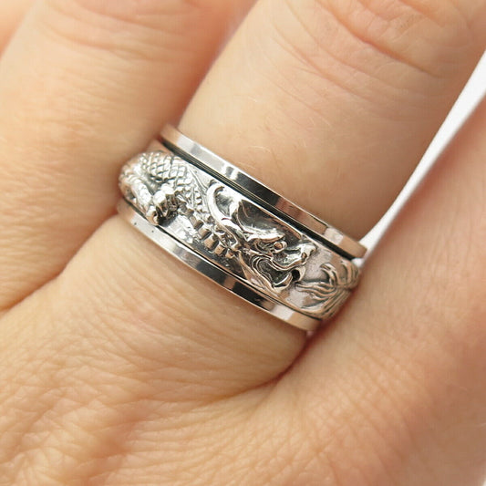 925 Sterling Silver Chinese Dragon Design Rotating Band Ring