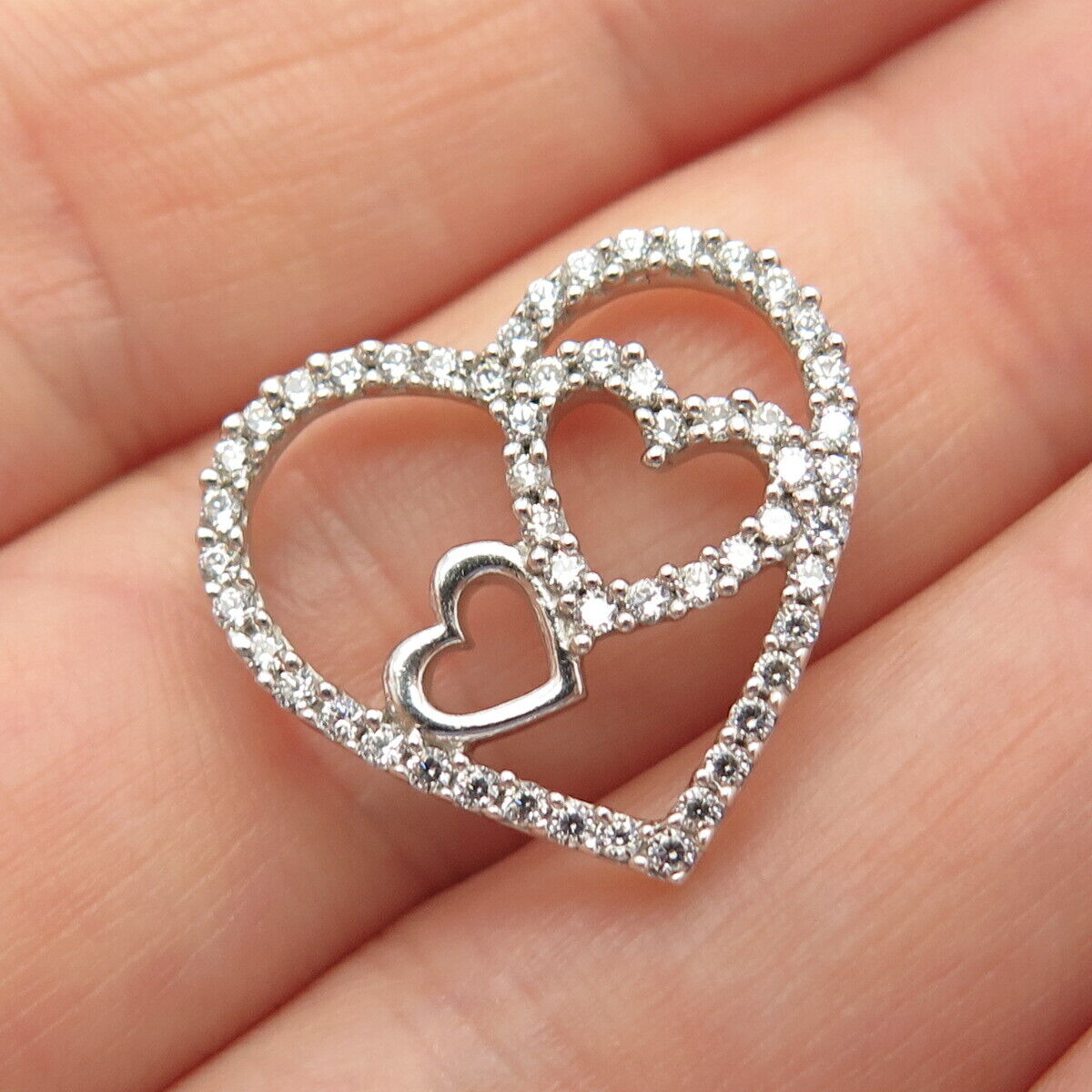 925 Sterling Silver C Z Triple Open Heart Slide Pendant