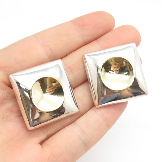 925 Sterling Silver 2-Tone Vintage Mexico Concave Clip On Earrings