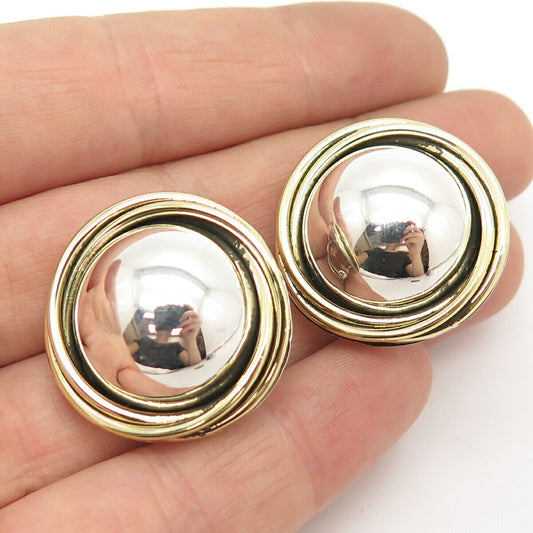 925 Sterling Silver 2-Tone Vintage Mexico Hemisphere Hollow Clip On Earrings