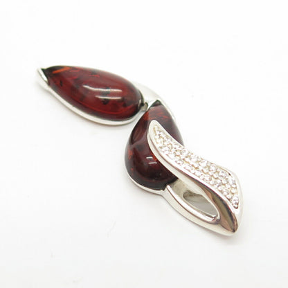 925 Sterling Silver Vintage Real Amber & C Z Pendant