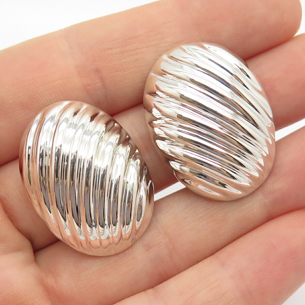 925 Sterling Silver Vintage Mexico Ribbed Clip On Earrings