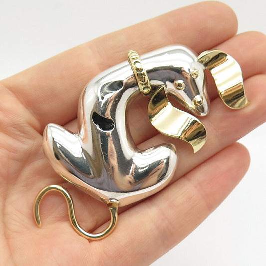 925 Sterling Silver 2-Tone Vintage Mexico Real Black Onyx Gem Dog Pin Brooch