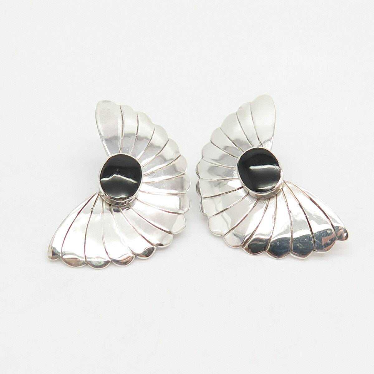 925 Sterling Silver Vintage Real Black Onyx Gemstone Ribbed Earrings