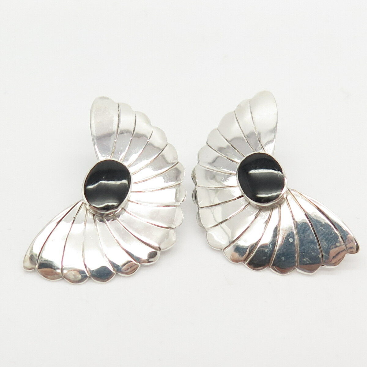 925 Sterling Silver Vintage Real Black Onyx Gemstone Ribbed Earrings